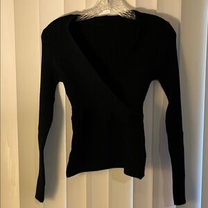 Black Ribbed Wrap-Front Women's Sweater